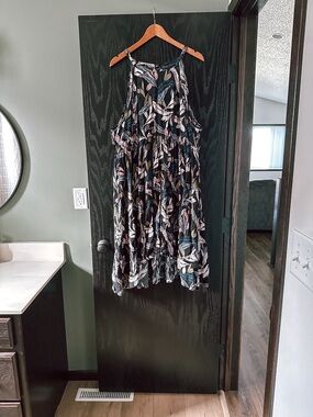 Torrid Black Tropical Leaf Halter Dress with Teal and Blush Accents